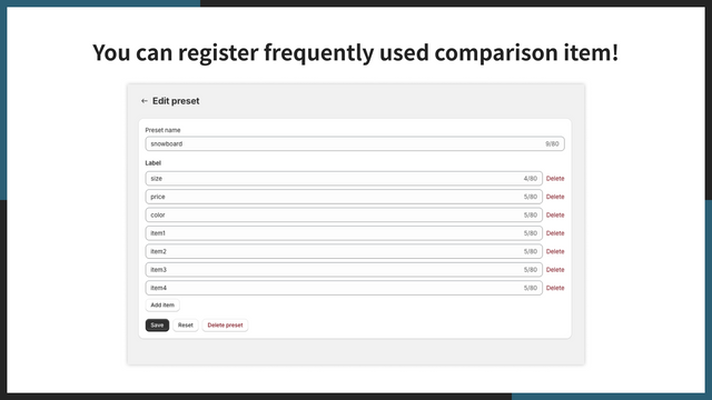 You can register frequently used comparison item!