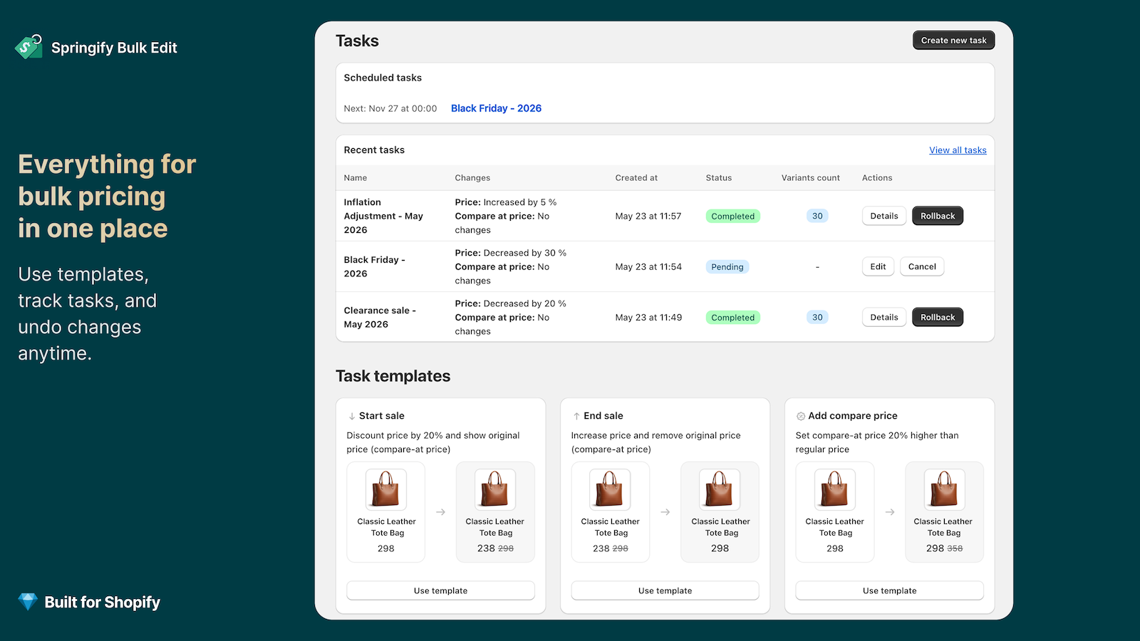Bulk price editor tasks and rollback dashboard