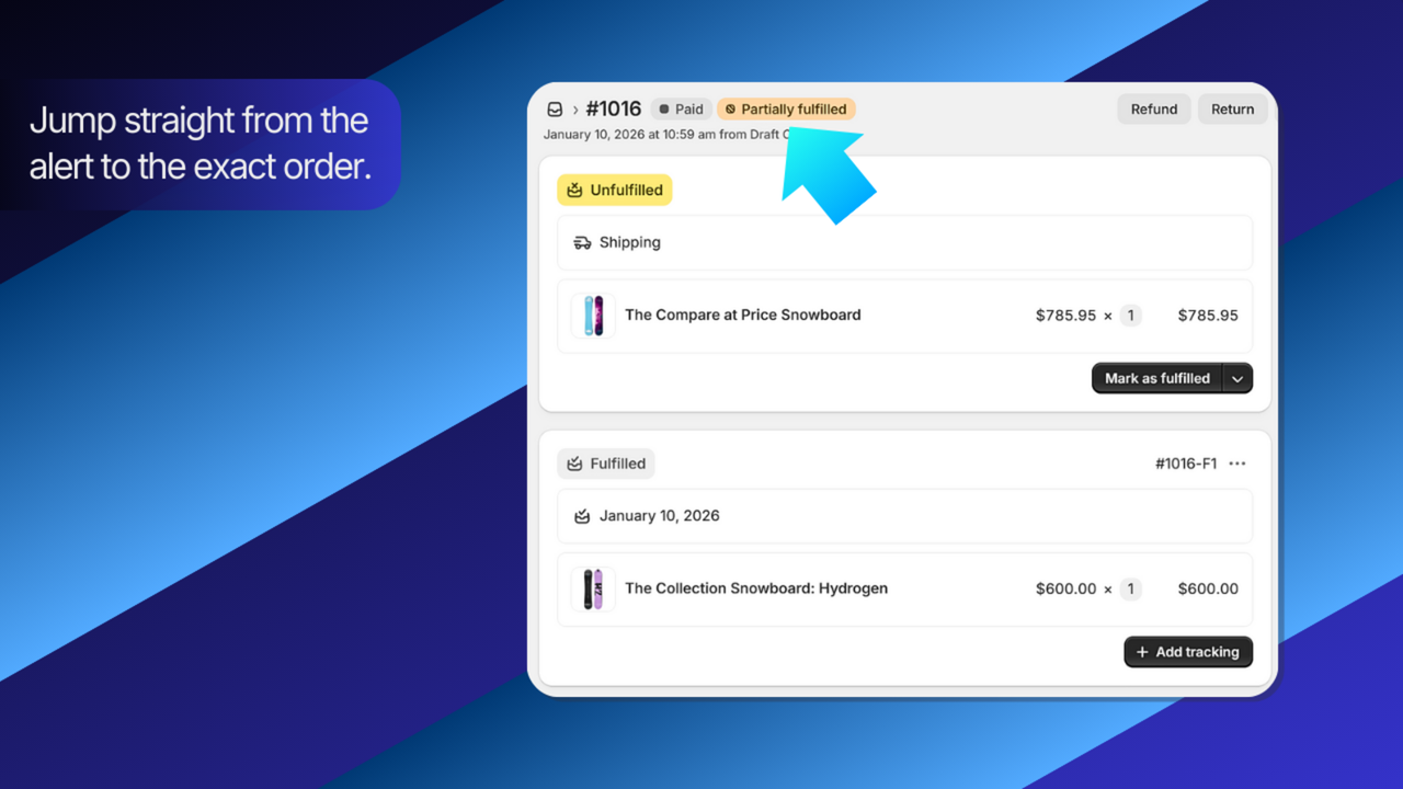 Shopify order showing partially fulfilled items.