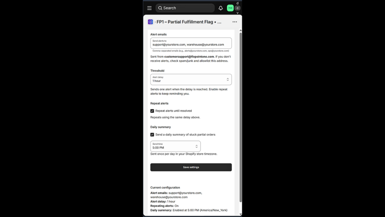 Mobile view of FP1 – Partial Fulfillment Flag app Settings