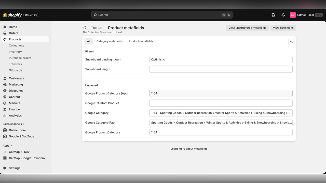 Metafields Shopify: ID Categoría Producto Google