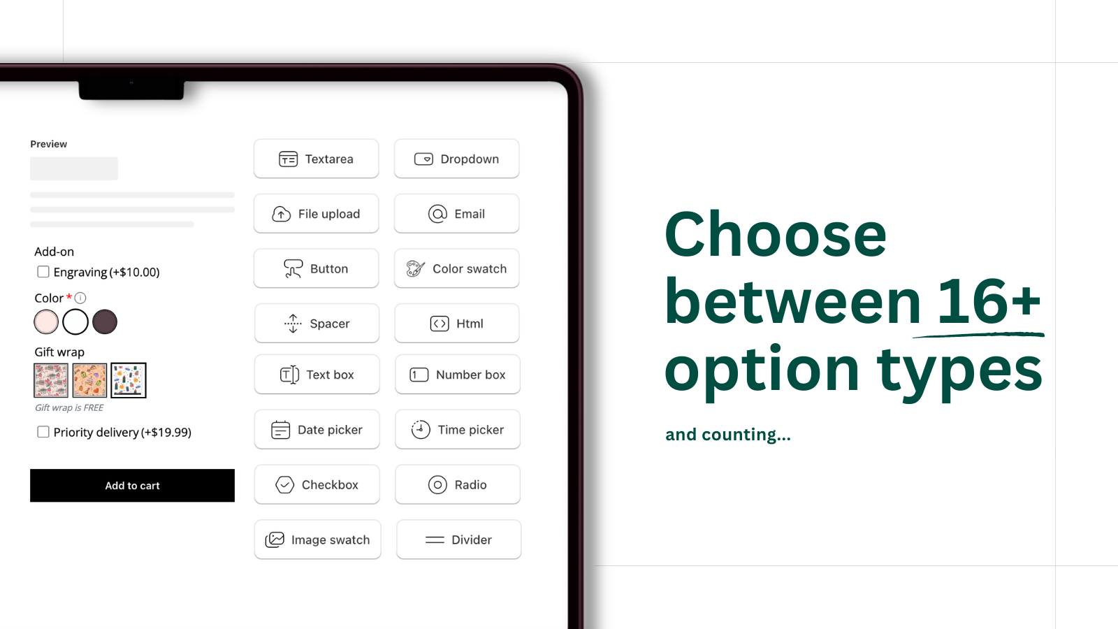 Optionize 16+ option types: swatches, text, dropdowns, and more