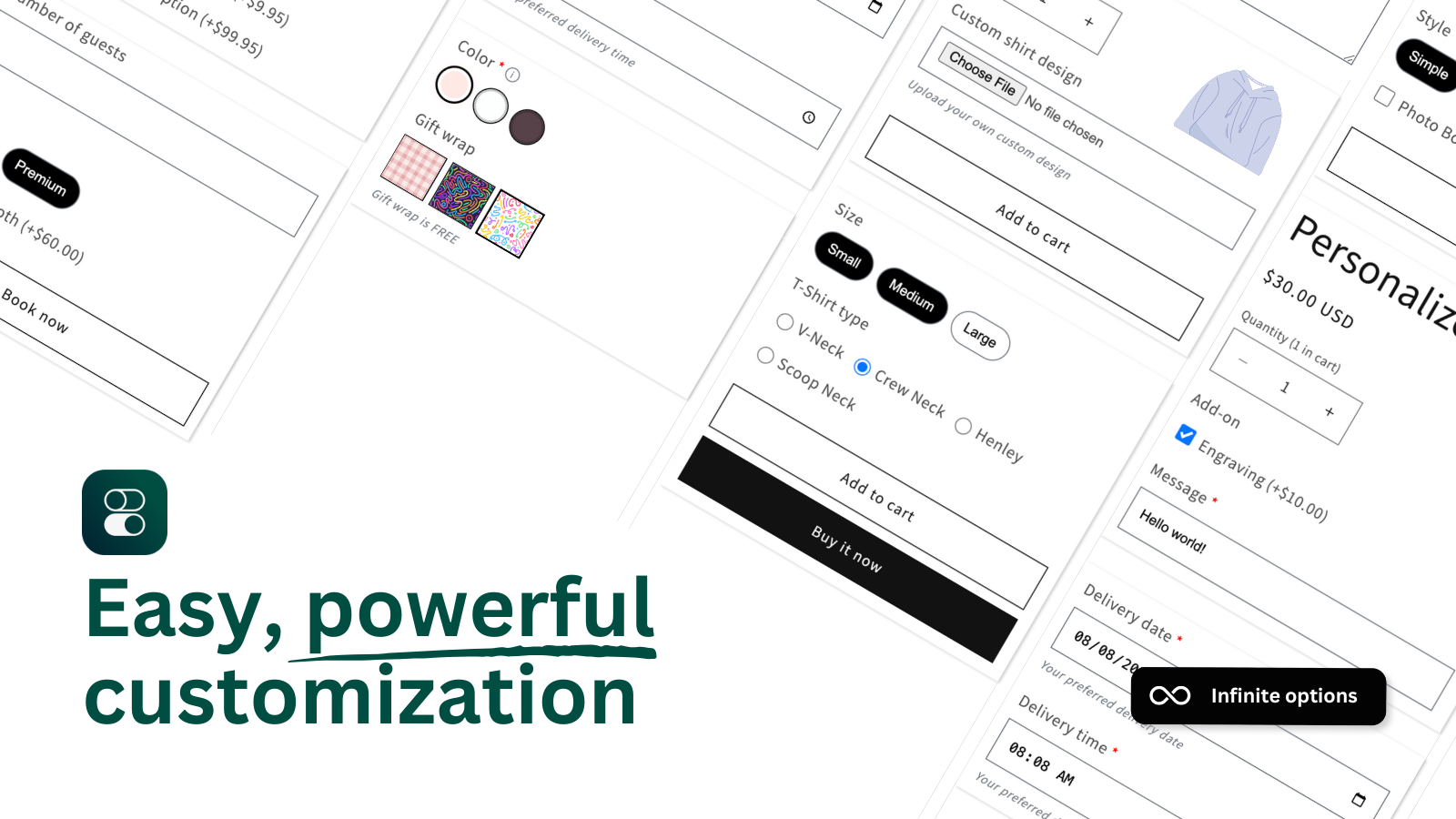 Optionize AI product options with color swatches and pricing