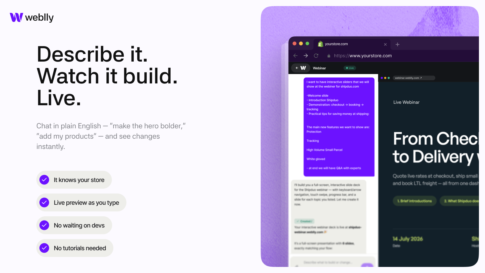 Banner showcasing Weblly's compatibility with all Shopify theme