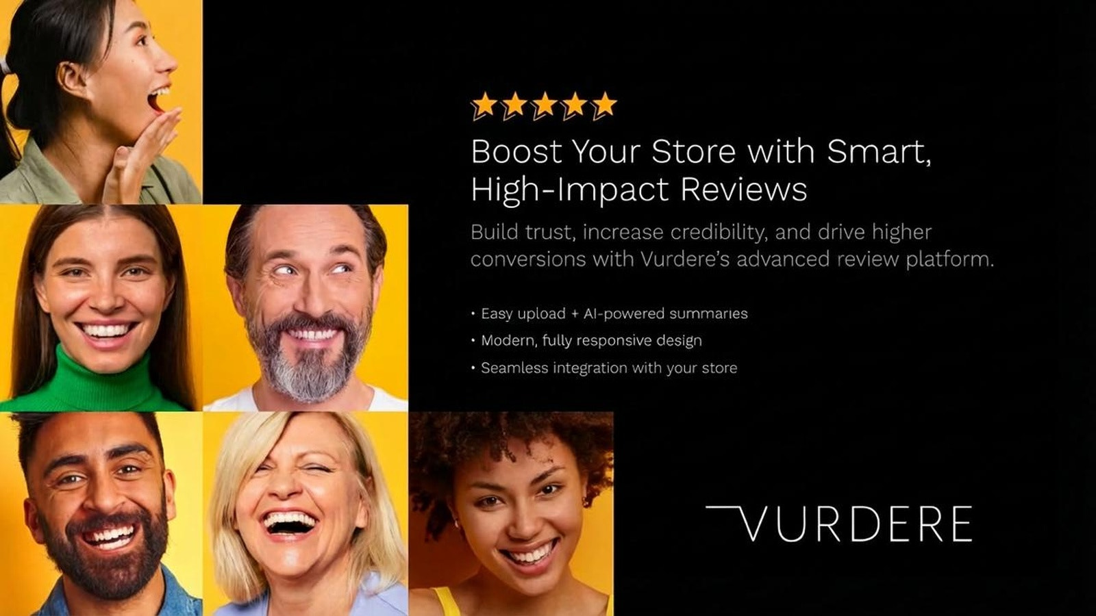 Vurdere review platform banner with 5 stars and happy customers