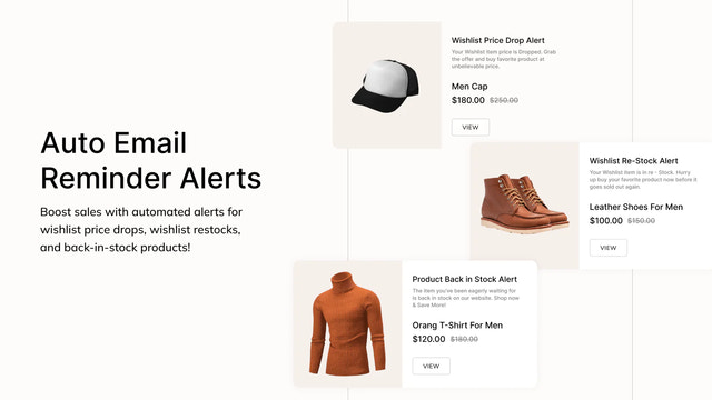 Auto email reminder alerts for wishlist price drops, re-stock