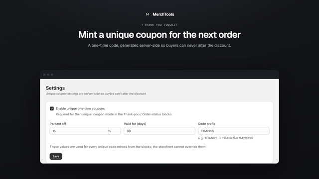 Admin settings for the unique one-time coupon
