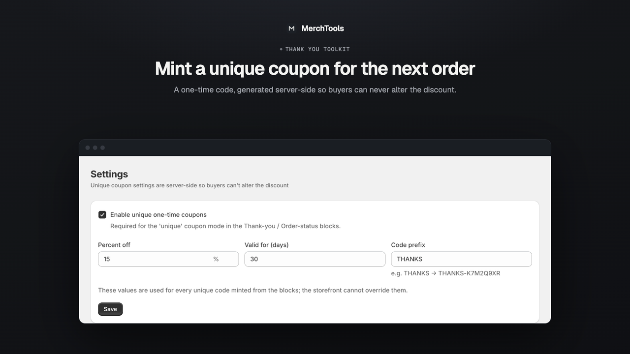 Admin settings for the unique one-time coupon