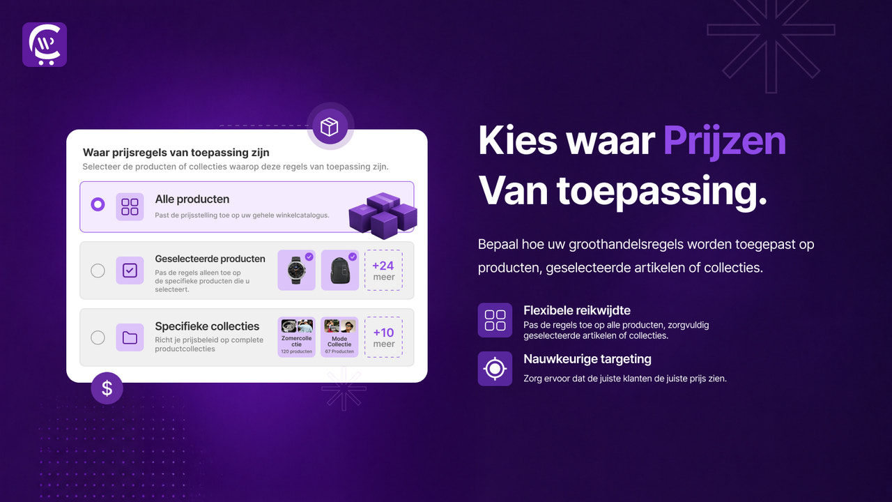 Groothandel prijsregel bereik: producten, varianten, collecties