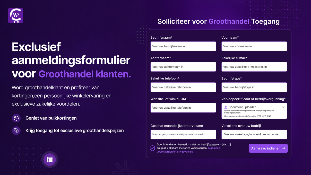 B2B groothandel aanmeldformulier met velden en bestandsupload