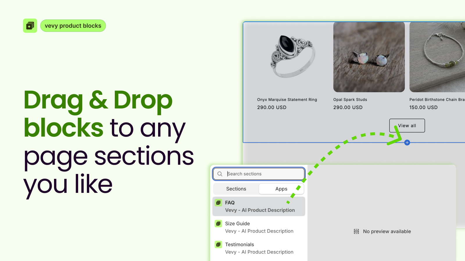 drag and drop product sections and product blocks