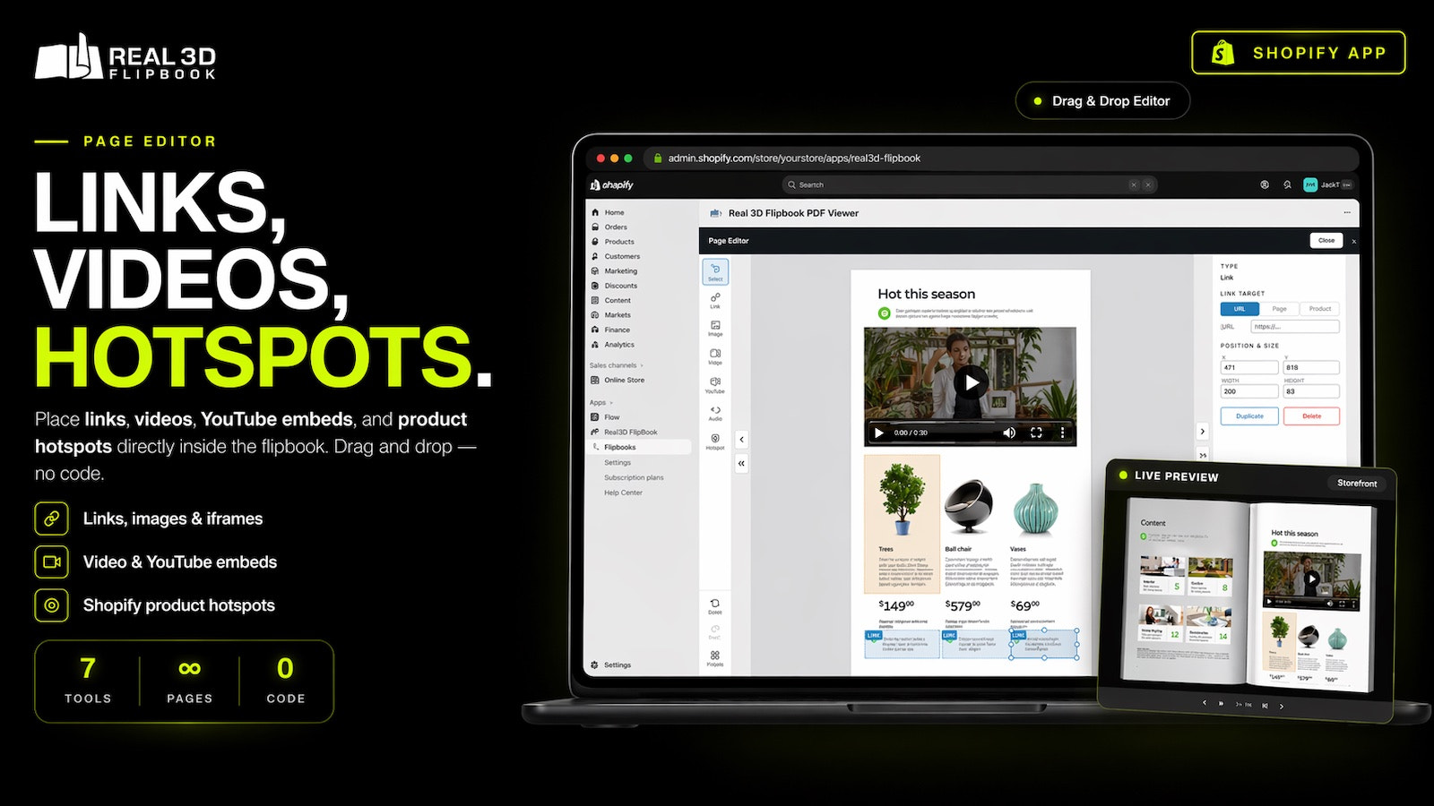 Visual drag-and-drop page editor adding links, images, iframes, 