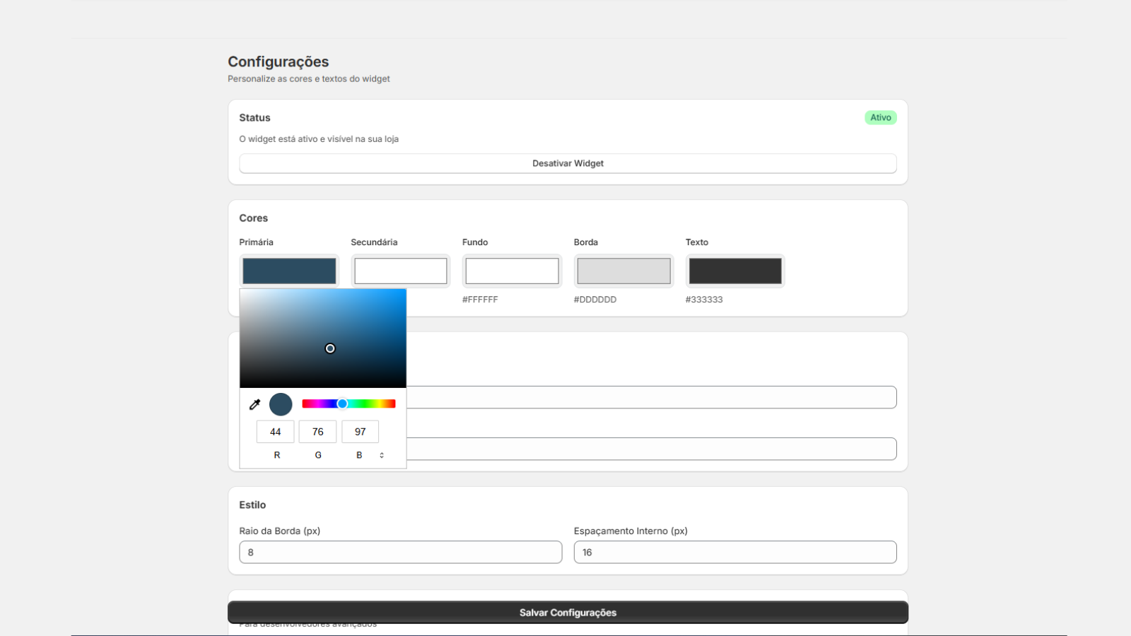 Widget customization settings: colors, texts, and style options.