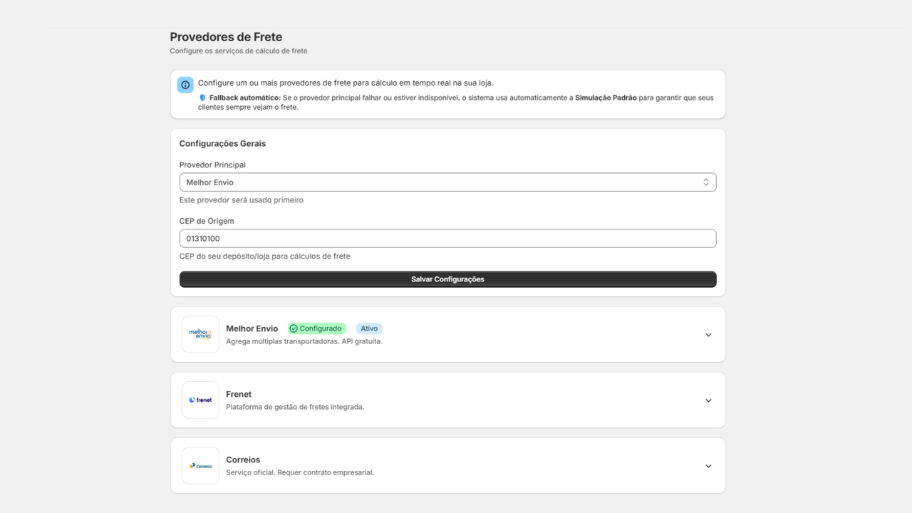Shipping providers setup for Correios, Melhor Envio and Frenet.