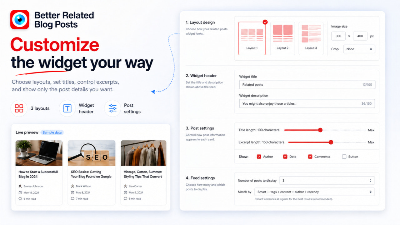 Customize related post layouts, titles, and excerpts