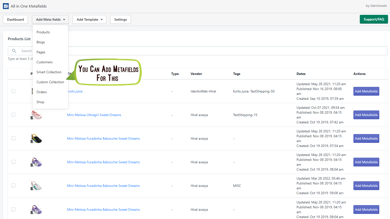 add metafield, products, pages, blogs, collections, Orders field