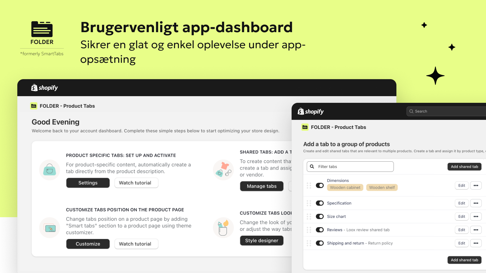 Brugervenlig dashboard til opsætning af faner