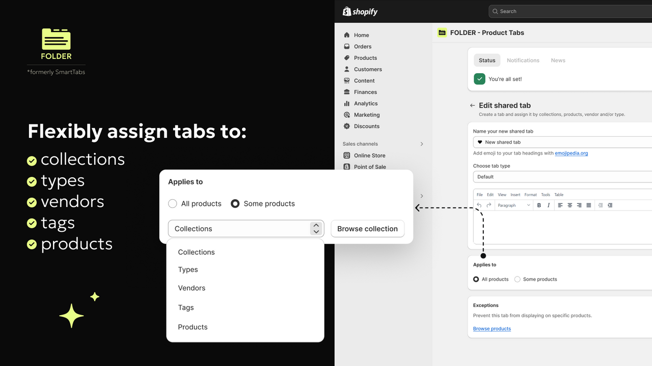 Assign tabs to a single product, product group, collection, tags