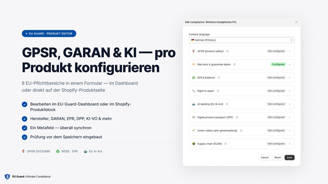 GPSR, GARAN & KI-Daten pro Produkt in einem Formular