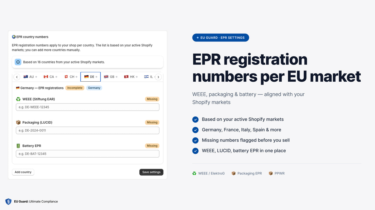 EPR registration numbers per EU market in settings.