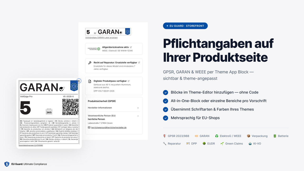 Produktseite mit GPSR, GARAN und WEEE per Theme-Block