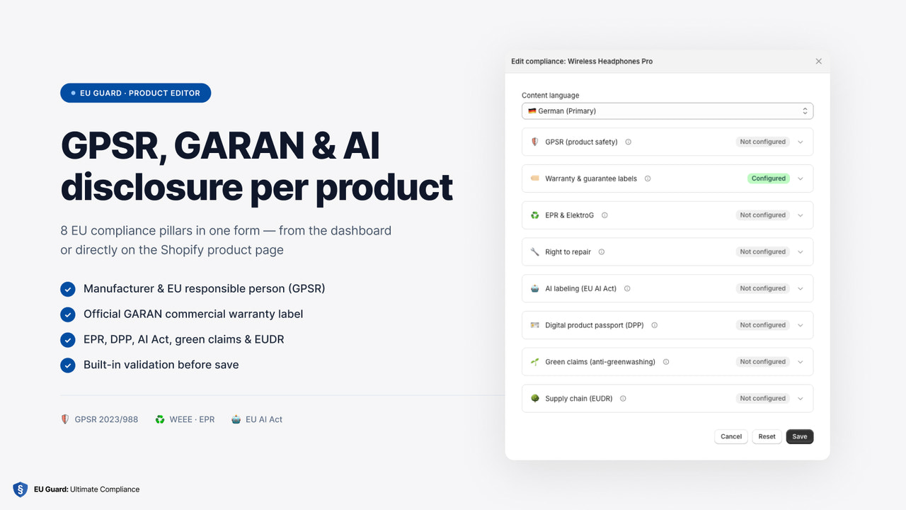 Product form for GPSR, GARAN, and AI compliance data.