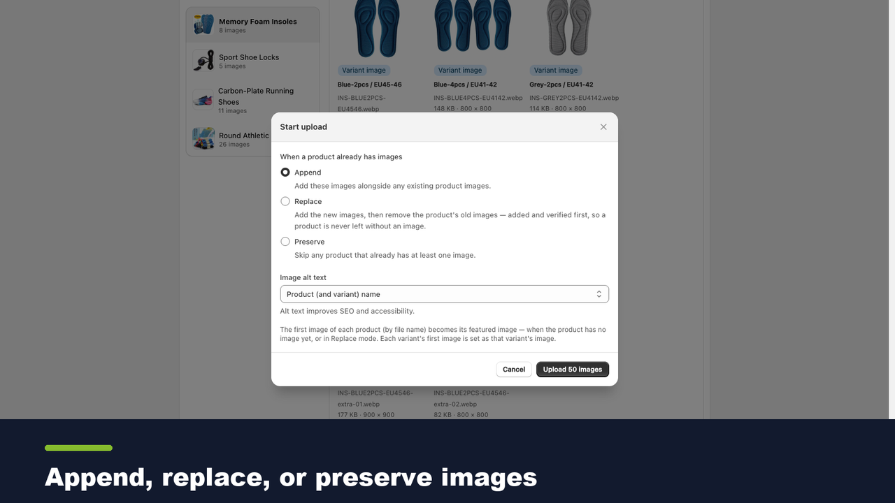 Append, replace, or preserve existing images