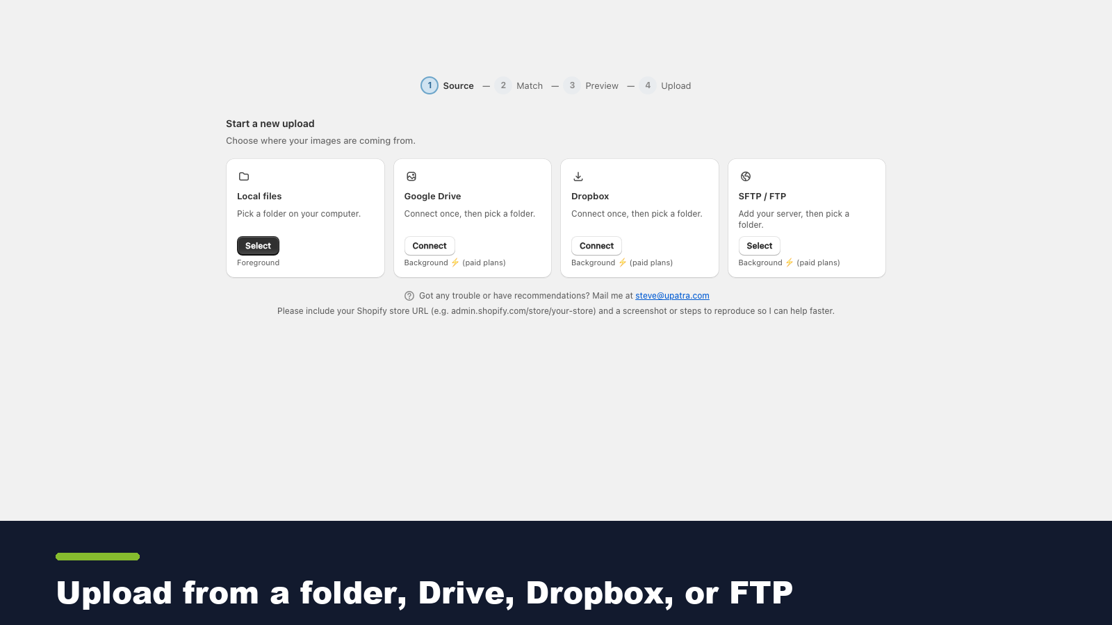 Upload from a folder, Drive, Dropbox, or FTP