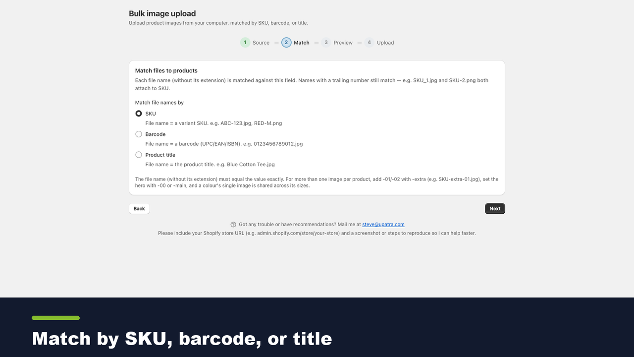 Match by SKU, barcode, or product title