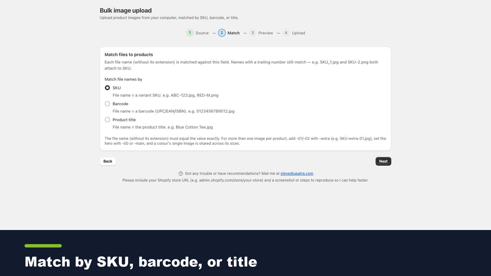 Match by SKU, barcode, or product title