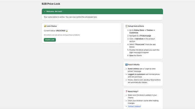 Simple app dashboard settings to enable price lock