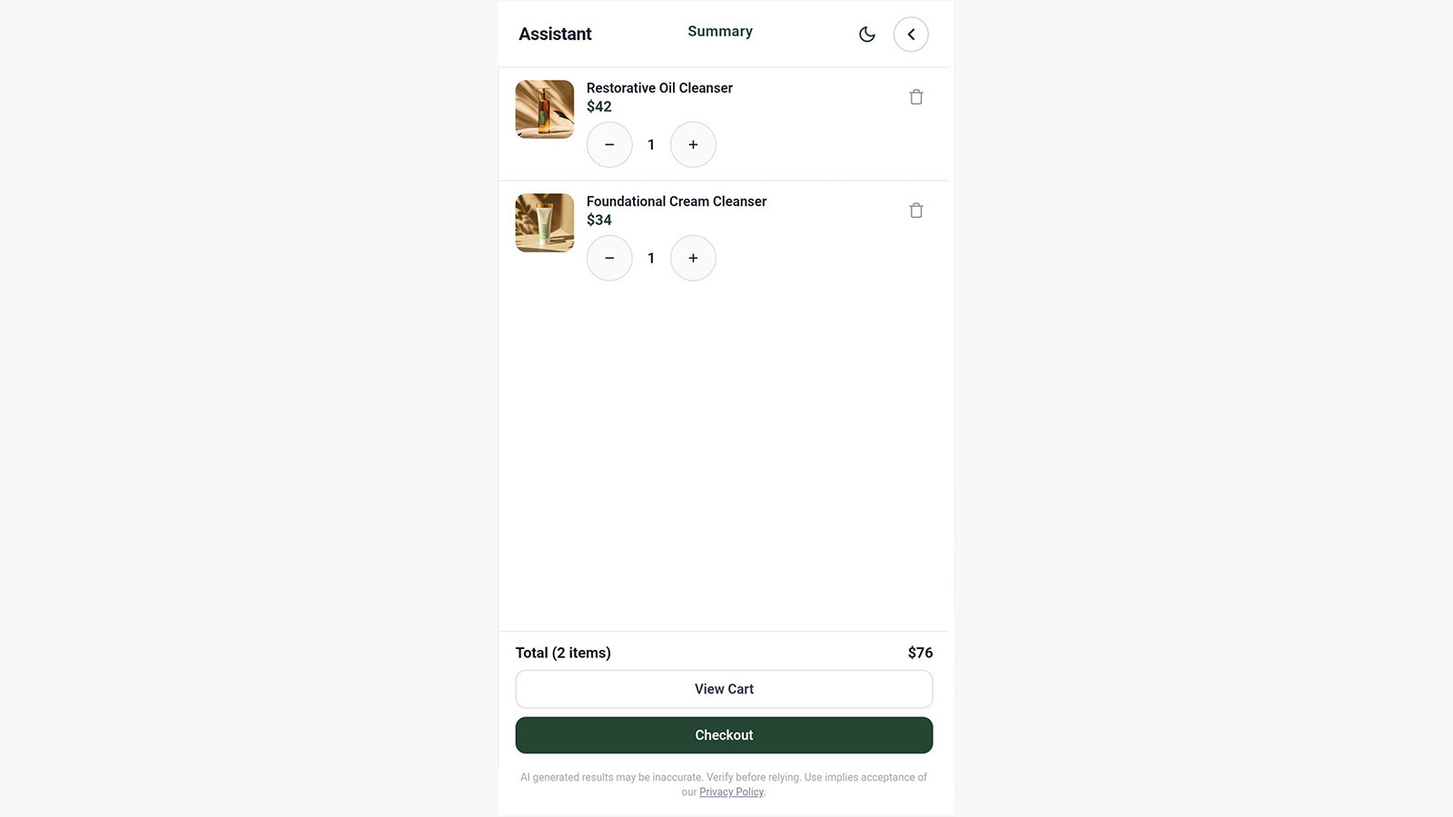 Mobile cart in the AI assistant with checkout button