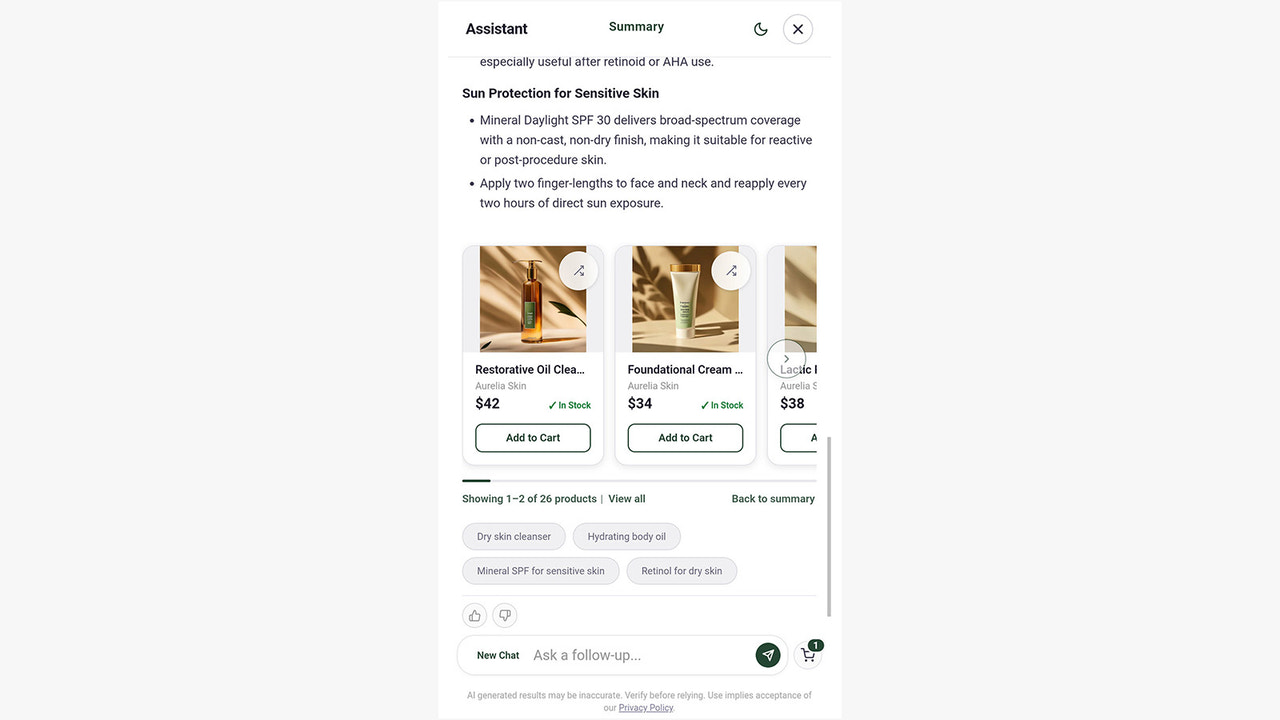 AI assistant on mobile showing product picks with Add to Cart