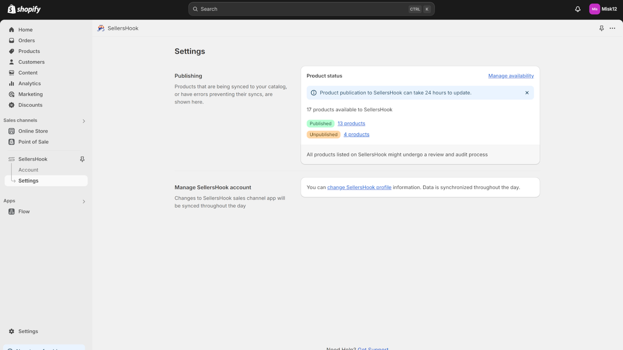 Settings page