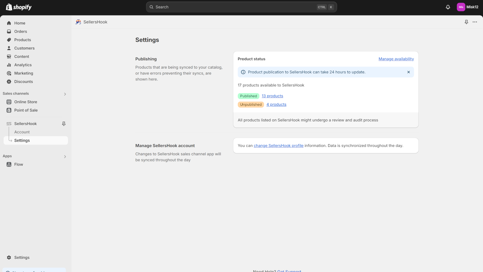 Settings page