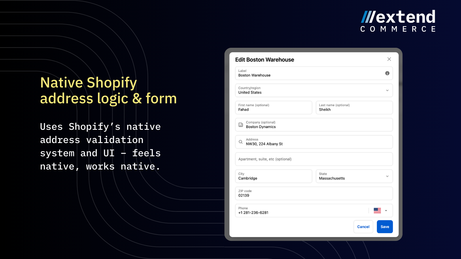 Native Shopify address logic & form
