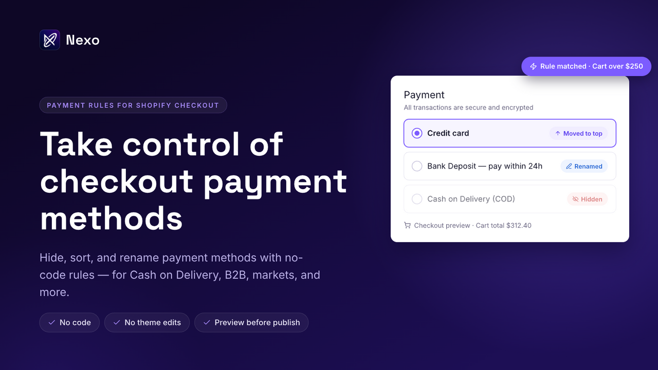 Nexo checkout preview: reorder, rename, and hide COD