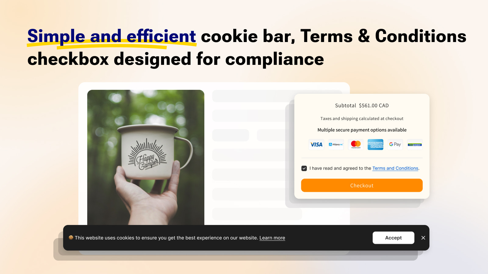 GDPR Cookie bar, Terms & Conditions box designed for compliance