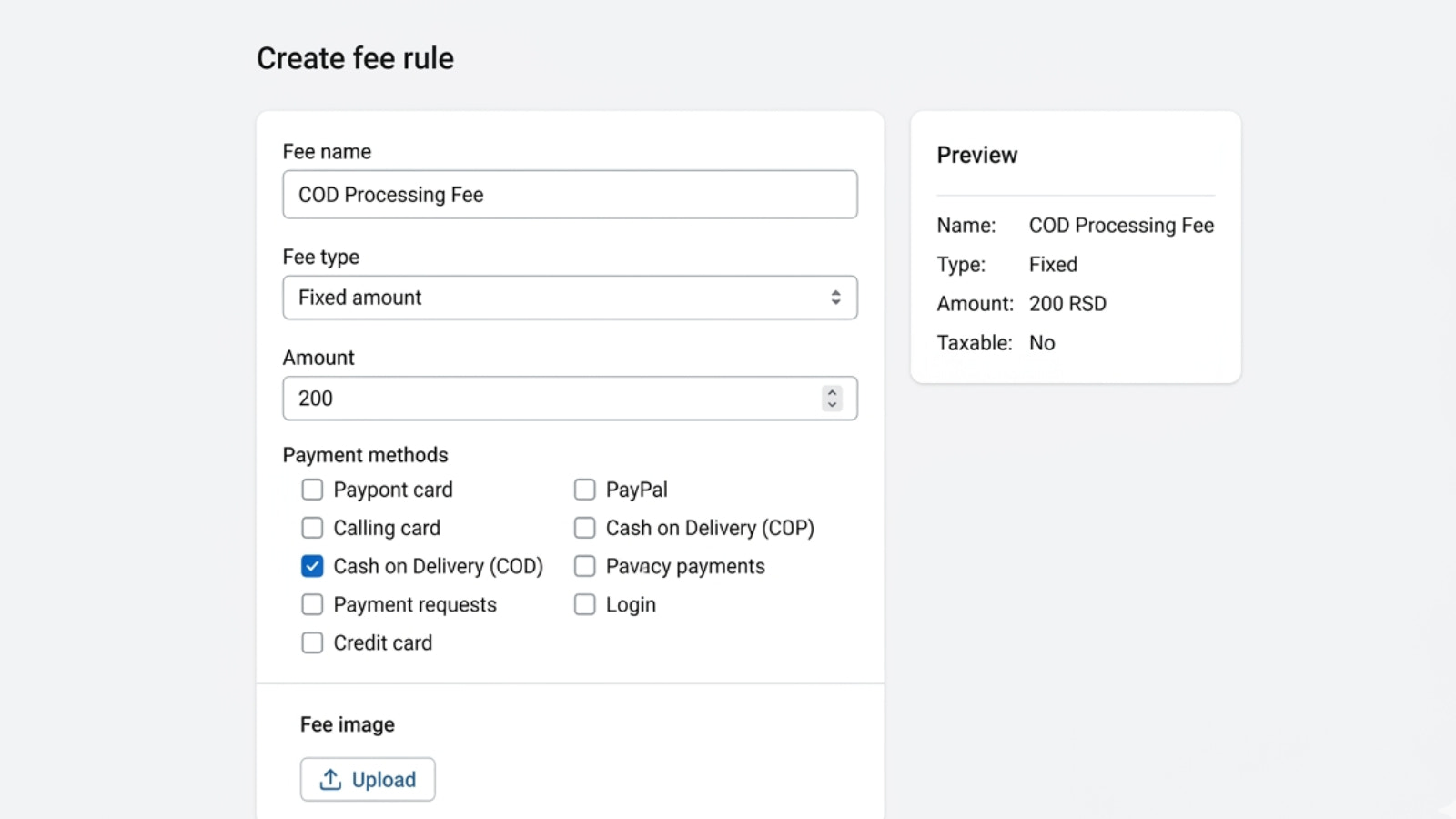 Fee rule settings with payment method selection