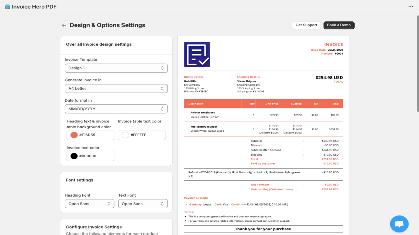 Shopify Invoice Hero PDF Design Settings Page