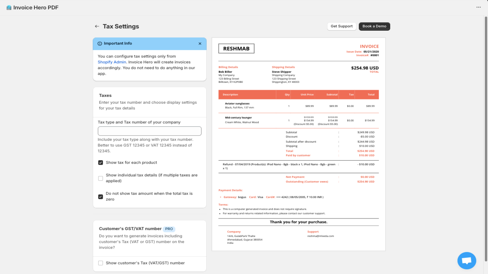 Shopify Invoice Hero PDF Tax Settings Page