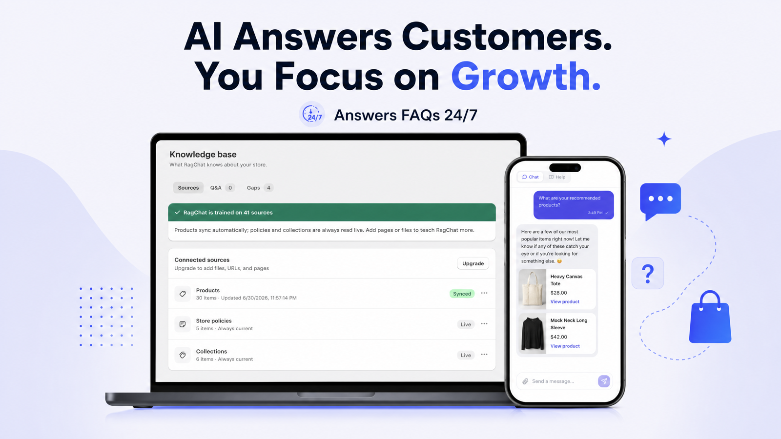 AI chatbot answering store FAQs 24/7 with product knowledge