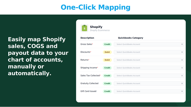 Map to your chart of accounts right inside Shopify.