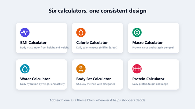 Overview of six calculators: BMI, calories, macros, and more