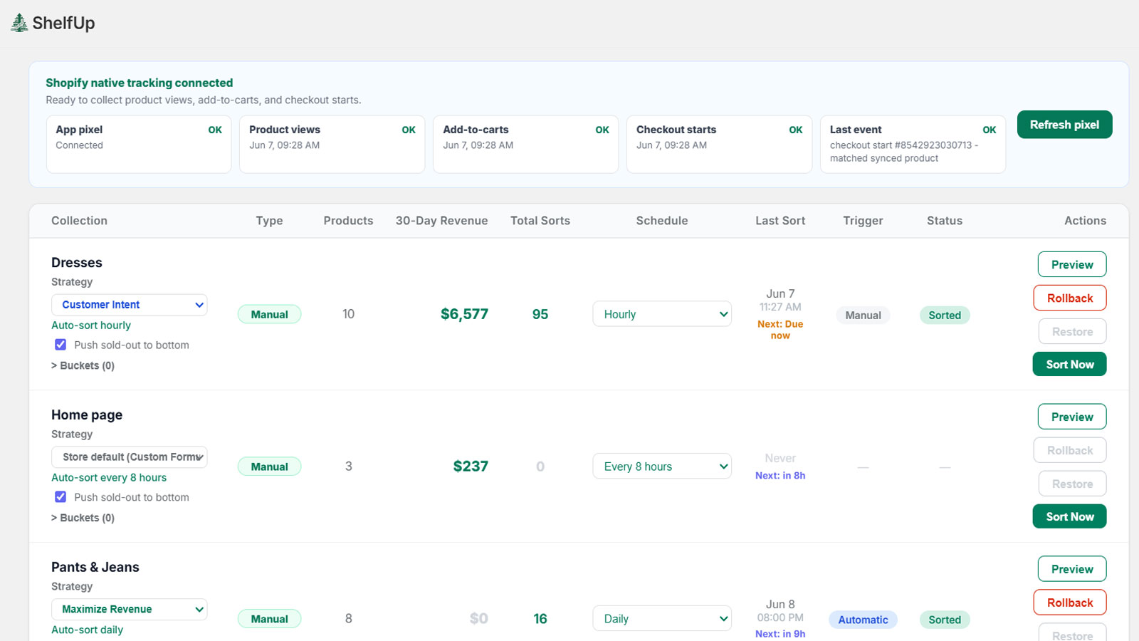 Collections page with strategy, schedule, preview, rollback, run