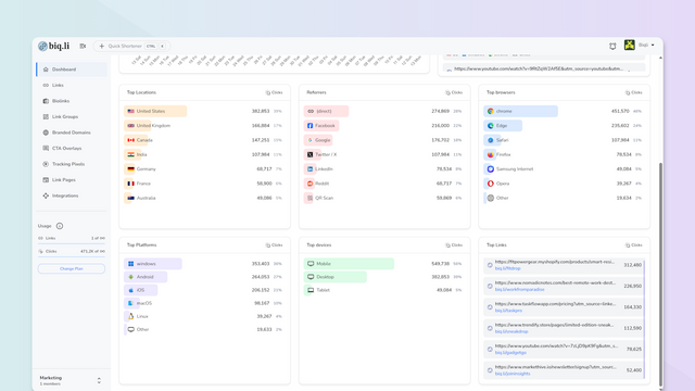 Analytics dashboard with top locations, platforms, & links.