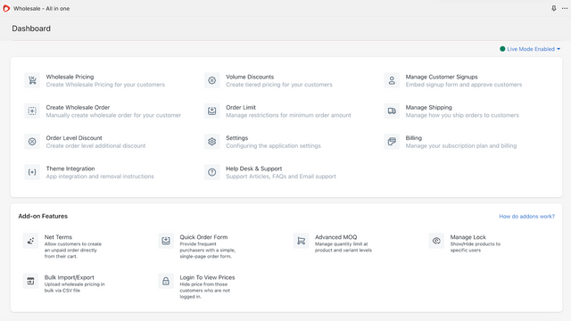 Wholesale All In One application dashboard
