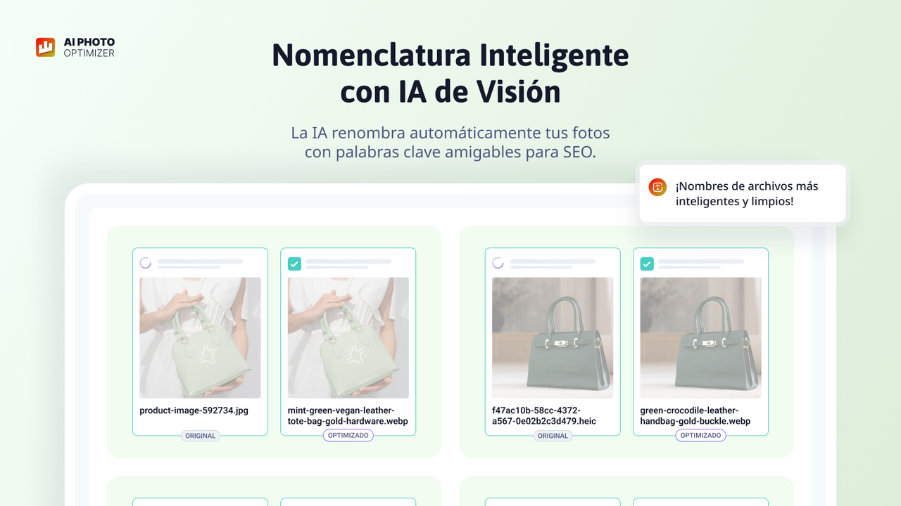 La IA renombra automáticamente las fotos con palabras clave SEO.