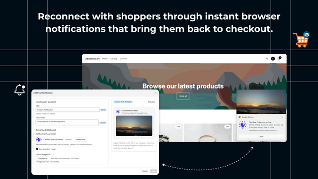 Send browser push notifications to recover abandoned carts