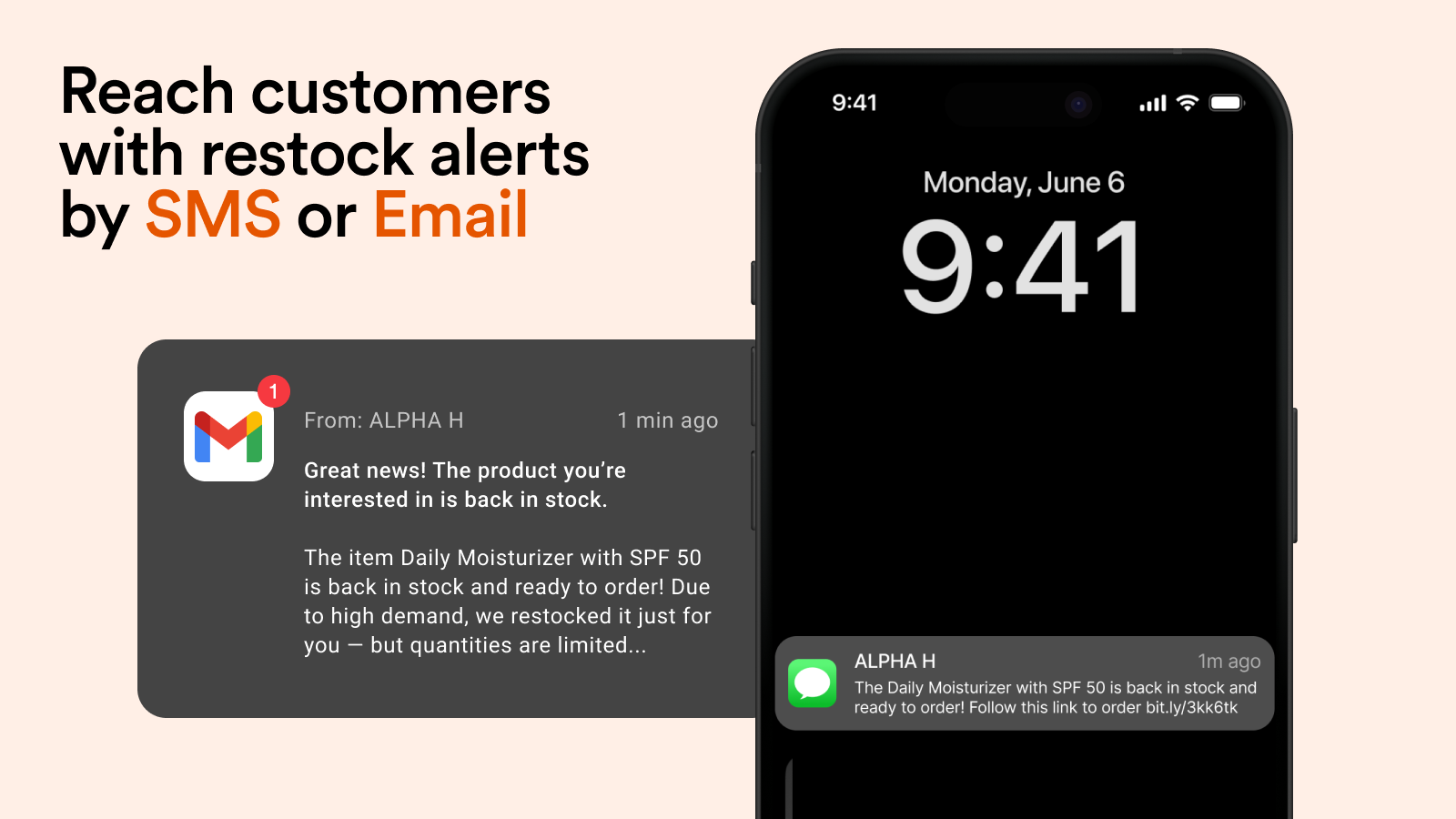 shopify back in stock notifications via sms or email